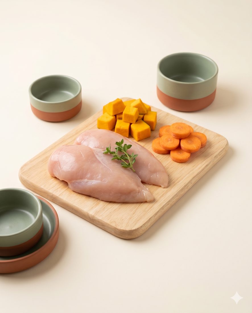 Nguyên liệu tươi human-grade của Mewly: ức gà, bí đỏ, cà rốt trên thớt gỗ